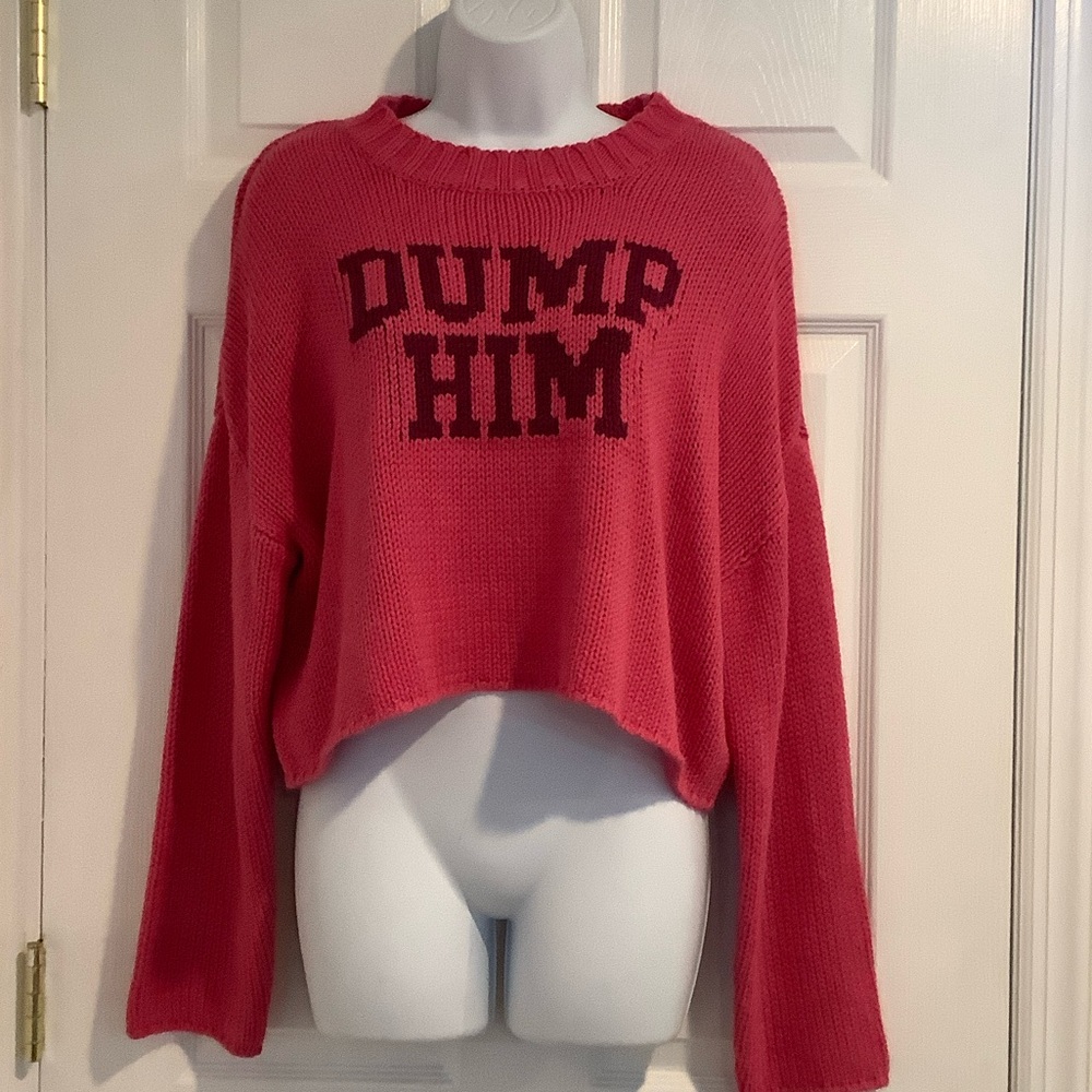 JUST POLLY “Dump Him” Cute Pink Cropped Barbiecore Girly Coquette Fall Sweater M